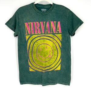 Officially Licensed Nirvana Smiley Face Tee Green Acid Wash Small
